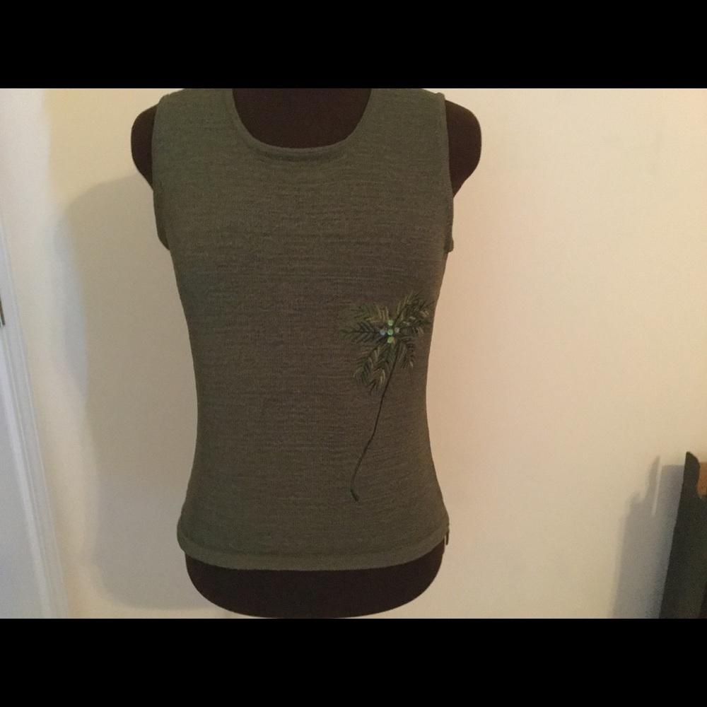 Green tank style sweater with palm tree accent